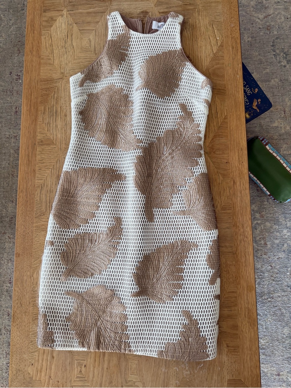 Badgley Mischka Cream Shift Dress with Brown Leaf Jacquard